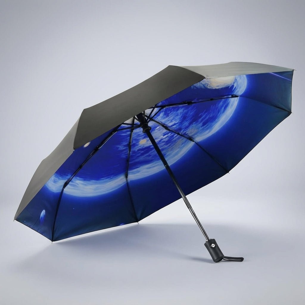 Automatic folding travel umbrella featuring wind-resistant fiberglass ribs, designed for lightweight portability and compact storage, perfect for on-the-go protection from rain and wind. 0